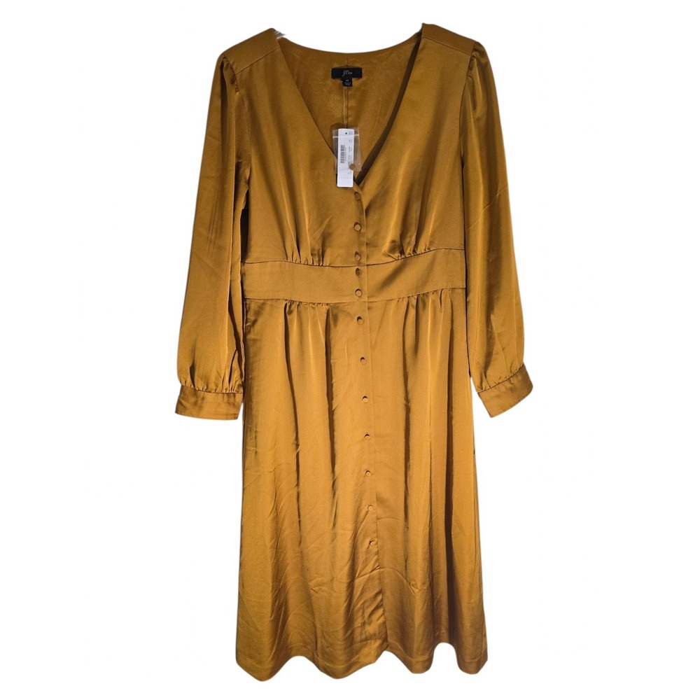 J.Crew Women Mustard Gold Satin Button-Front V-Neck Midi Dress Size 10 AD072